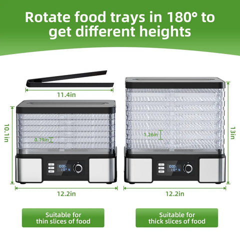 Straight Up Stainless Steel Food Dehydrator For Real Deal Jerky Drying And Heavy Duty Meat Dehydration With Seven Adjustable Trays and Smart Digital Timers Plus Easy Clean Design showing dimensions and adjustable trays.