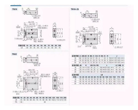 Technical schematics for Double Rod Pneumatic Air Cylinder For Industrial Use, stainless steel build, dimensions for TN10 and TN16-25 series.