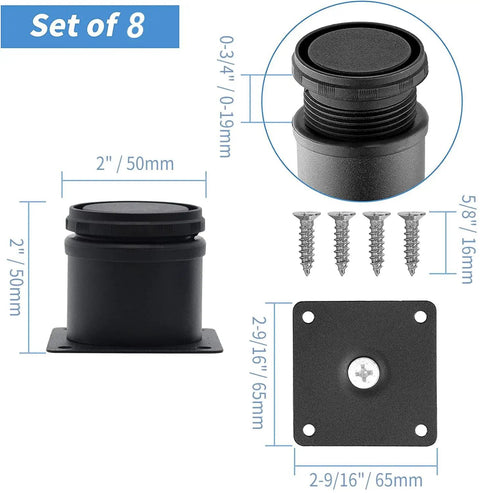 Premium Sleek Adjustable Furniture Legs Rock Solid Black Steel Cabinet Feet with dimensions and attached screws, set of eight.