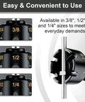 Pro Grade Threaded Rod Nut Runner With Hex Shank Slot Wing Nut Driver Drill Attachment shows sizes 1/4, 3/8, and 1/2 for easy use.