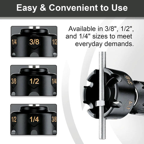 Pro Grade Threaded Rod Nut Runner With Hex Shank Slot Wing Nut Driver Drill Attachment shows sizes 1/4, 3/8, and 1/2 for easy use.