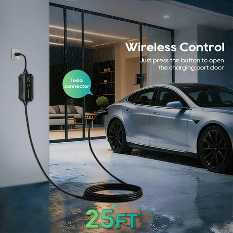 Portable Level One and Level Two EV Charger for Teslas and Other EVs with 25ft cable plugged into a Tesla in driveway.