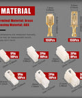 6.3mm Electrical Automotive Wire Connectors Set For Motorcycle And Car Male And Female Socket Plugs With Nylon Insulated Housing Brass Pins Heat Resistant Durable Assortment Kit 400 Pcs displayed with dimensions and materials.