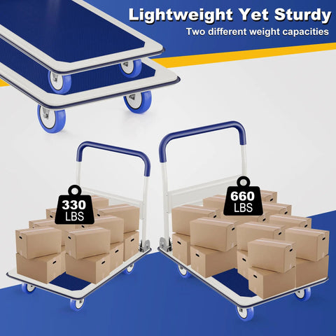 Foldable Push Cart Dolly With 330 Lbs Capacity, Heavy Duty Moving Platform Hand Truck On Swivel Wheels shown with boxes