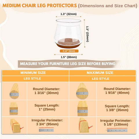Chart of medium chair leg protectors with dimensions for 32 Pack Chair Leg Protectors With Felt Pads For Wood Floors