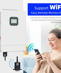 6500W All In One Solar Hybrid Inverter With WiFi And CT Sensor Pure Sine Wave Built In 2 MPPT Solar Charge Controller 48V To 120V And 240V Output Parallel Ready For Home And RV Use Plug And Play No Downtime