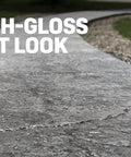 Close-up of a polished concrete surface with a high-gloss wet look, treated with Straight Up Pro Grade 5 Gallon Solvent Based Acrylic High Gloss Wet Look Concrete Coating And Paver Sealant Hardcore Water Repellent Breathable Block Wall Driveway Floor Protection.