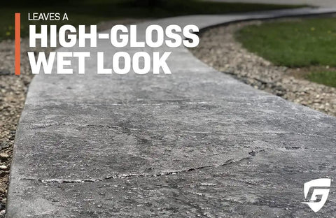 Close-up of a polished concrete surface with a high-gloss wet look, treated with Straight Up Pro Grade 5 Gallon Solvent Based Acrylic High Gloss Wet Look Concrete Coating And Paver Sealant Hardcore Water Repellent Breathable Block Wall Driveway Floor Protection.