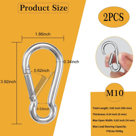 Heavy Duty 4 Inch Carabiner Clip Spring Snap Hook, dimensions and capacity details, M10 galvanized steel, 2 pack