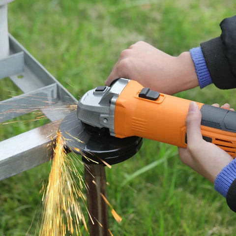 Person using Powerful 6 Amp Angle Grinder Kit 4-1/2 Inch 11,000 RPM Metal Cutter with Quick Change Guard for rust removal on metal