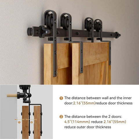 10 Feet Bypass Sliding Barn Door Hardware Kit for Double Wooden Doors, showing side view with track and floor guide close-up.