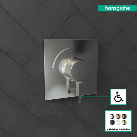 Ecostat Square Modern Pressure Balance Shower Valve Trim In Chrome against a dark tiled wall with hansgrohe logo depicted.
