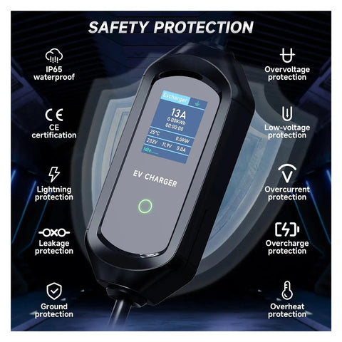 Portable 3.5KW Type 2 Evse Charging Cable With Type 1 Sae J1772 Connector 13A Fast Electric Vehicle Charger safety features display.