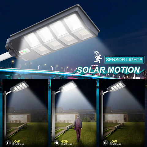 Ultra Bright 500W Solar Street Light Outdoor With 35000 Lumens LED illuminating a yard with motion sensor and remote control