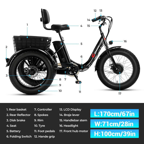 All-Terrain Three-Wheel Electric Tricycle For Adults With 20-Inch Fat Tires, 500W Peak Power, 36V 13Ah Lithium Battery, UL Certified, Foldable 80 Percent Assembled, Easy Off-Road E Bike For Beach Snow Gravel And City Streets, side view with basket