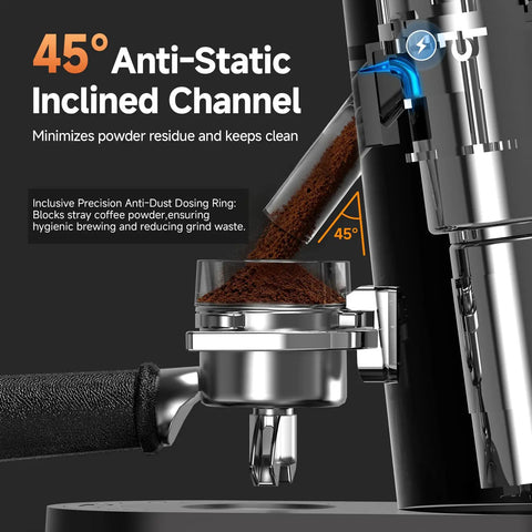Aaobosi Cordless Burr Coffee Grinder Rechargeable With 60 Settings And Anti Static Design Digital Timer Touchscreen showcasing anti-static channel design