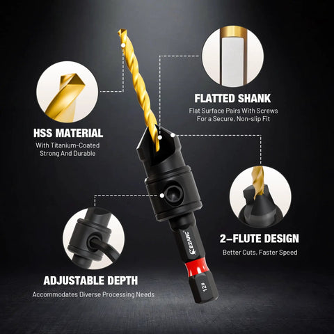 Close-up of Badass 25 Piece Countersink Drill Bit Set With Self Centering Bits showing HSS material and flatted shank design.