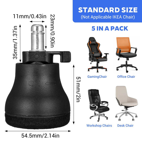 5 Pack Replacement Office Chair Caster Wheels With Fixed Stationary Castors And Self Adhesive Felt Pads diagram shown with chair sizes.