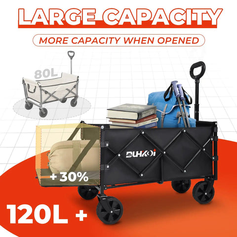 Foldable Tailgate Wagon Cart With Wheels Lightweight 12 Lb Utility Wagon with large capacity, black expandable design, and 120L storage.