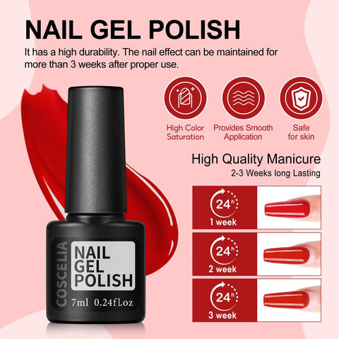 Coscelia Nail Gel Polish durability and longevity benefits illustration with color saturation and smooth application features.