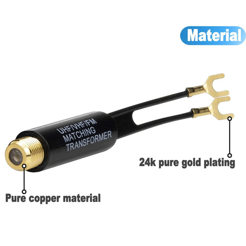 Gold Plated 75 Ohm To 300 Ohm Balun Transformer Adapter with F Female Jack, pure copper, and 24k gold plating, shown close-up.
