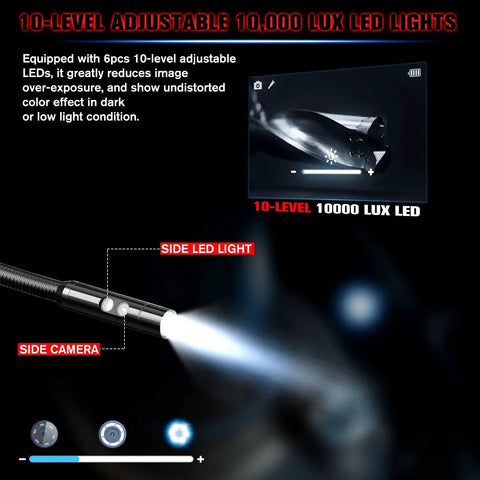 Dual Front And Side Cameras 1080P HD Inspection Camera With Semi Rigid Cable And 10 Level LED Lights, Wide View Angles 0 Degree And 90 Degree For Tight Spaces, Industrial Endoscope For Mechanics And Home Diagnostics showing side camera LED light and brightness control.