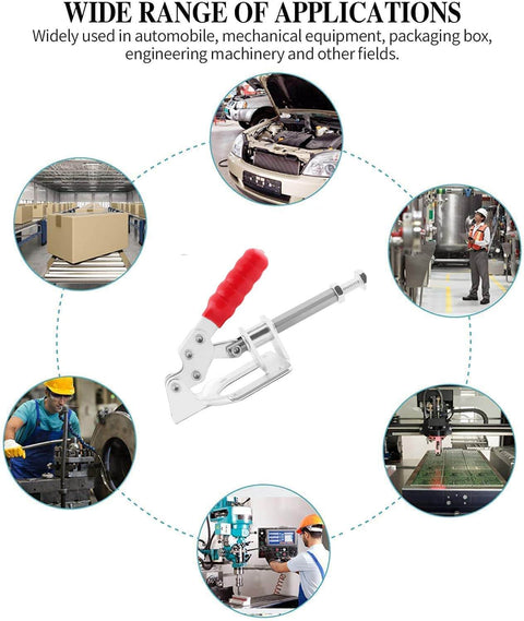 Heavy Duty Toggle Clamp With Quick Release For Woodworking And Welding, Pro Grade Built Tough 600 Lb Push Pull Action, shown with applications