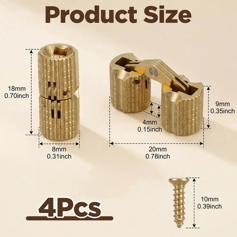 Brass Hidden Barrel Hinges Set For Cabinets And Jewelry Boxes, 4 Pcs 8mm concealed furniture hinges with size measurements shown