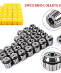 Super Duper 29Pcs ER40 Industrial Precision Spring Collet Set For CNC Milling Lathe Tool with yellow storage boxes and multiple sizes.