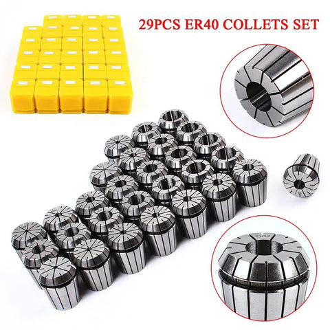 Super Duper 29Pcs ER40 Industrial Precision Spring Collet Set For CNC Milling Lathe Tool with yellow storage boxes and multiple sizes.