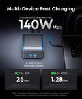 14-In-1 Thunderbolt 5 Docking Station With 120Gbps Transfer, 140W Max Charging, Cooling System, on a desk next to laptop