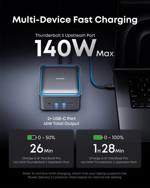 14-In-1 Thunderbolt 5 Docking Station With 120Gbps Transfer, 140W Max Charging, Cooling System, on a desk next to laptop