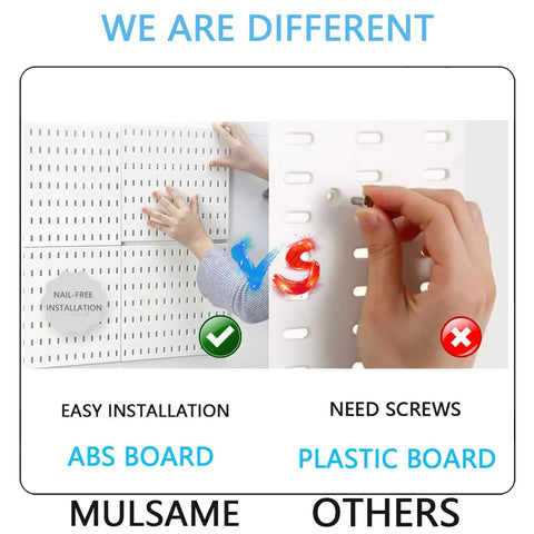 Comparison of pegboard wall storage kit with white ABS board for easy installation vs plastic board needing screws.