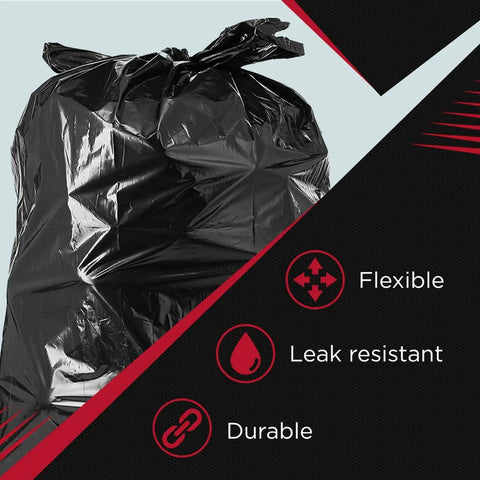 Close-up of tied 55 Gallon Heavy Duty Trash Bags with flexibility, leak resistance, durability features highlighted.