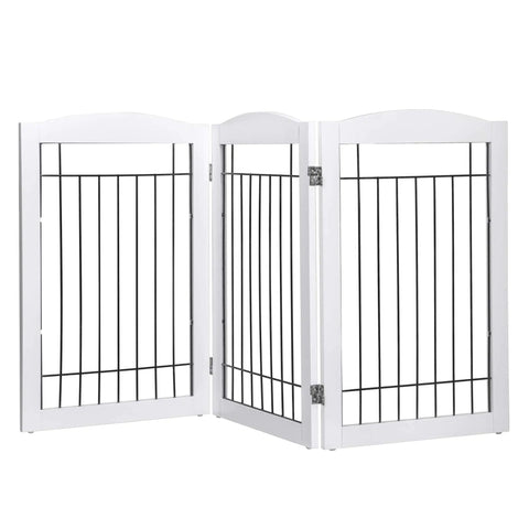 Freestanding Wire And Wood Pet Gate For Dogs, 60 Inches Wide By 30 Inches Tall, 3 Panels, White, Ideal For Doorways, Stairs, And Room Dividers, Folding Expandable Puppy Safety Fence For Pups