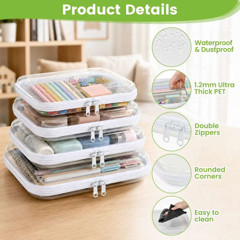 No Fuss Travel Ready Clear Zipper Pouches, Top Shelf Hard Shell Organizer Cases, 6 Pack Multi Size with visible colorful supplies and cosmetics.