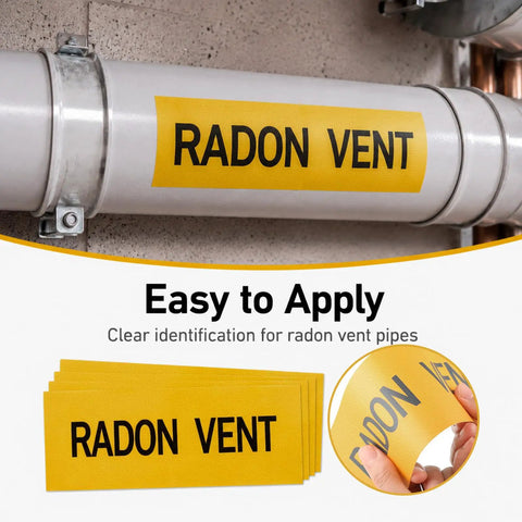 10 Pack Self Adhesive Radon Vent Pipe Marking Stickers, Hella Bright Yellow Safety Labels, 3 X 8 Inch Tough Pipe Identification Decals, Great For Radon Mitigation Jobs, Pro Grade Job Site Tags To Label Pipes Straight Up Like A Boss.
