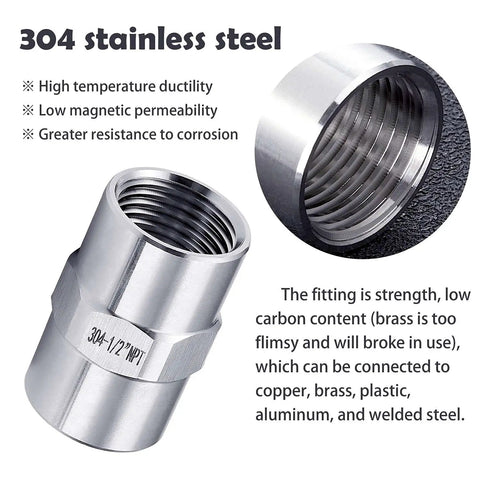 2 Pack Stainless Steel 304 Half Inch Female NPT Pipe Hose Connector Adapters, 1/2" threaded fitting