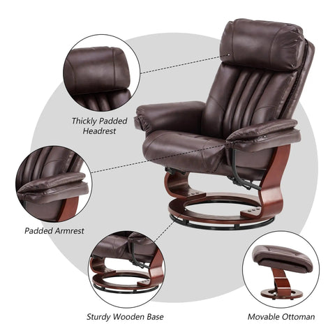 Swivel Recliner With Ottoman And Vibration Massage, Faux Leather TV Chair For Small Spaces, RV, Living Room Or Bedroom, Dark Brown