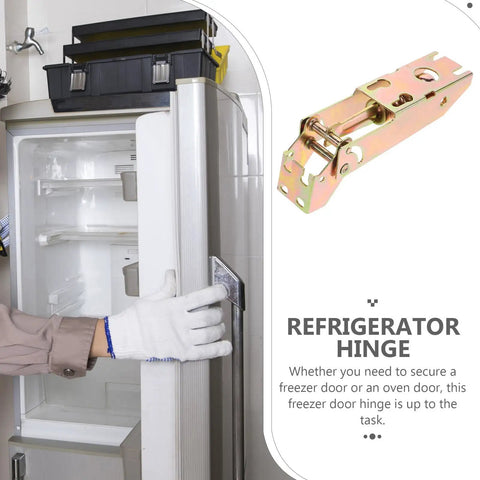 Chest Freezer Door Hinge Replacement Kit With Spring Beefy Heavy Duty Iron Golden Outer Shell illustrated next to fridge