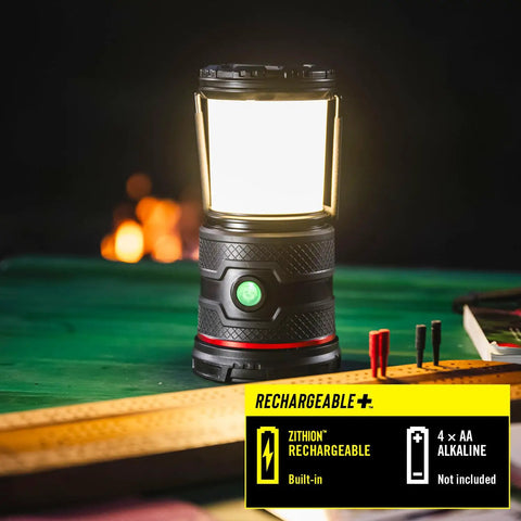 1000 Lumen USB C Rechargeable Emergency Camping Lantern with warm white light, foldable handle, and battery indicator