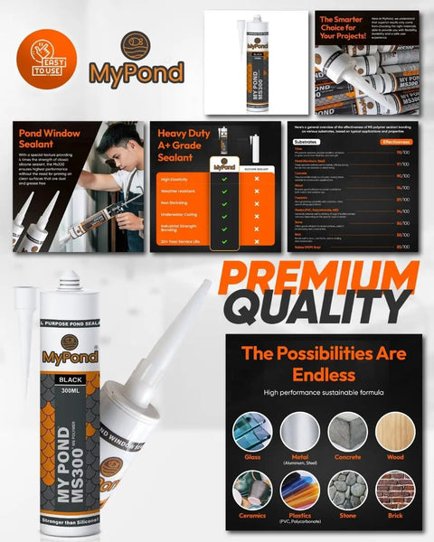 Heavy Duty Black Hybrid Sealant And Adhesive For Quick Pond Leak Fixes And Koi Tank Repairs Pro Grade MS Polymer Caulk 300ml shown with application tips.