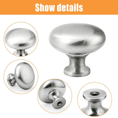 Satin Nickel Cabinet Knobs 20 Pack Single Hole Mushroom Style Round Hardware showing close-up views of brushed finish and details