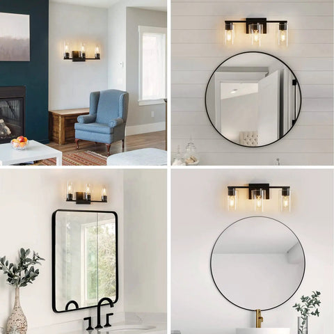 Four Light Matte Black Bathroom Vanity Light With Glass Shades Over Mirror Wall Sconces For Farmhouse Style Dope Modern Home Lighting Fixture Built From Rust Resistant Metal Durable Build in various home settings