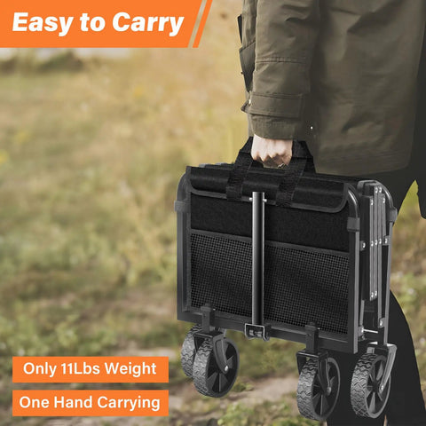 Person carrying Foldable Collapsible Wagon Cart With 360 Degree All Terrain Wheels Grab And Go Utility Wagon for groceries.