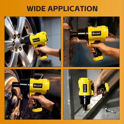 Badass Half Inch Air Impact Wrench Delivers 1750 Ft Lbs Of Serious Torque At 8000 Rpm To Easily Break Loose Jammed Bolts Along With A Full 10 Piece Socket Kit in action on various surfaces.