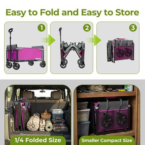 Pink Folding Wagon Cart With 5-Inch Wide Wheels folded for storage, showing compact design for easy transportation and storage.