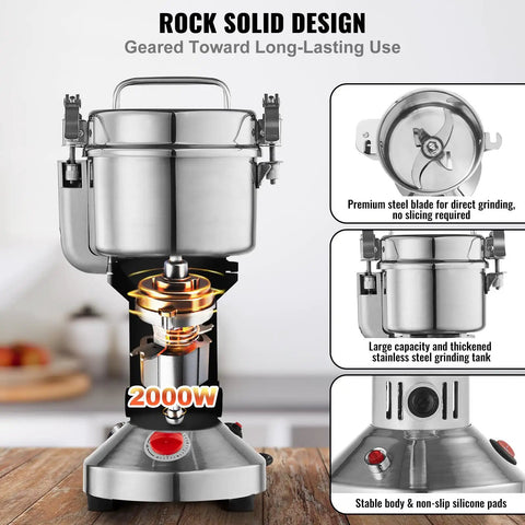Beast Power 2000W Electric Grain Mill Grinder with stainless steel body and 750g capacity for dry grains and spices