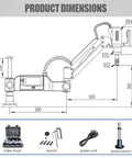 Electric Tapping Machine With 360 Degree Swivel Arm And 600 Watt Motor dimensions showing collet chuck and tools.