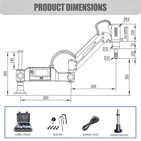 Electric Tapping Machine With 360 Degree Swivel Arm And 600 Watt Motor dimensions showing collet chuck and tools.